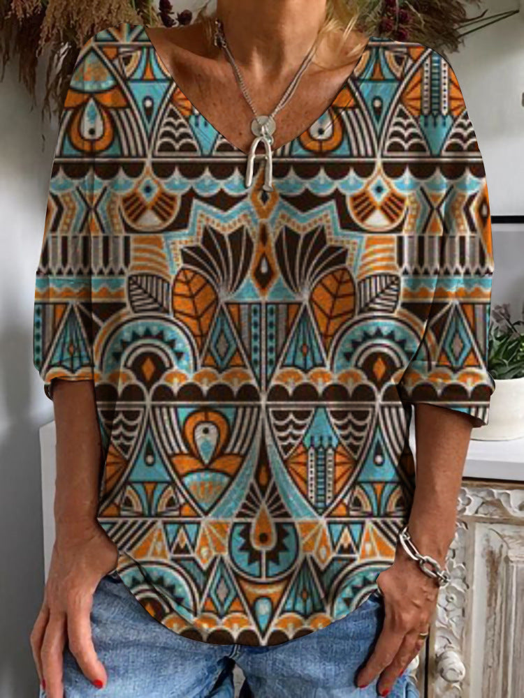 Damen Geometrische Boho-Tunika mit V-Ausschnitt und dreiviertelärmeln Shop Nory