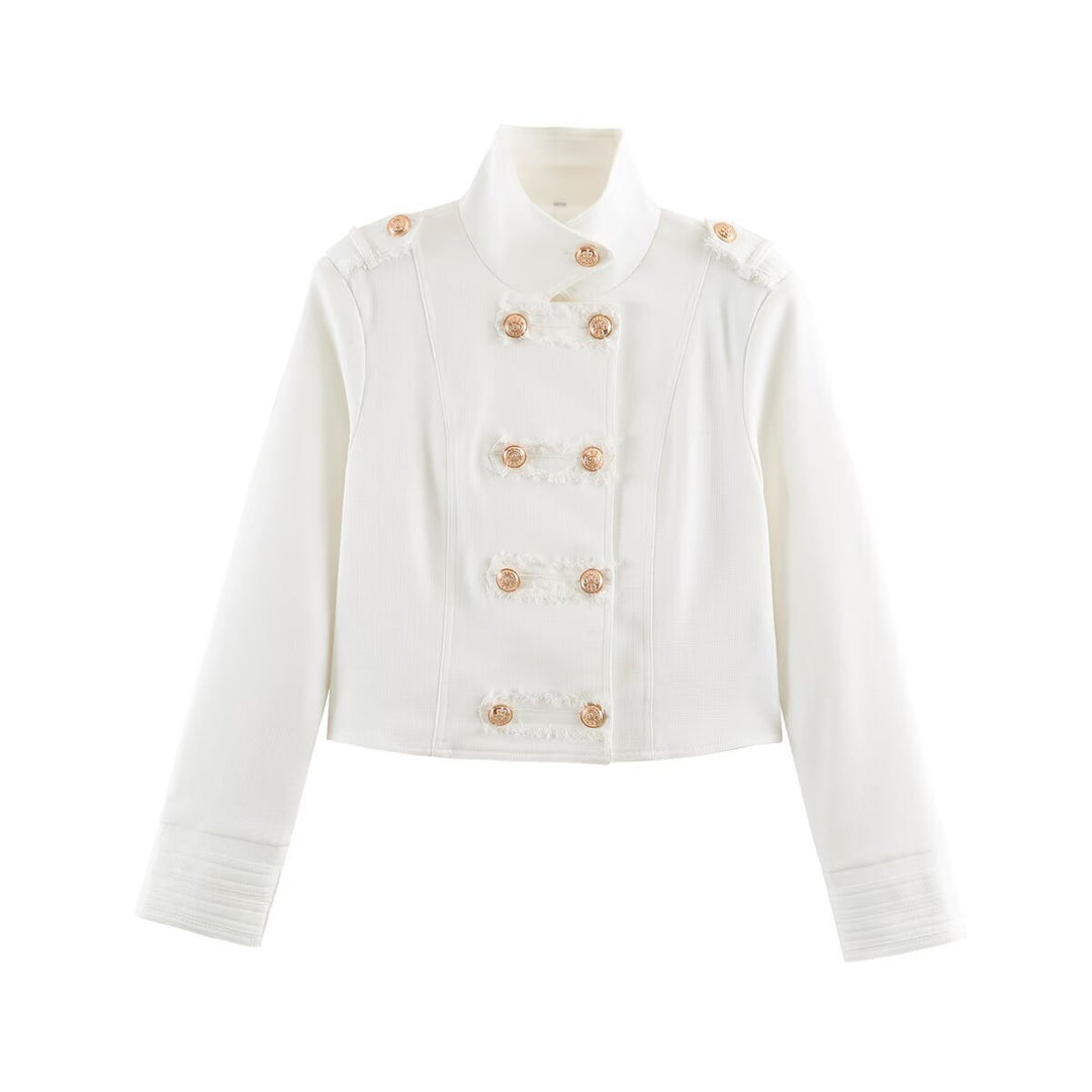 Damen Kurz geschnittene Militärinspirierte Jacke mit Stehkragen und Zierknopfleiste Shop Nory
