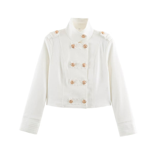 Damen Kurz geschnittene Militärinspirierte Jacke mit Stehkragen und Zierknopfleiste Shop Nory