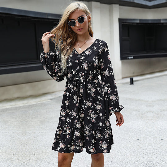 Damen Lässiges Stufen-Midikleid mit V-Ausschnitt, Tunnelzug-Taille und langen Volantärmeln Shop Nory