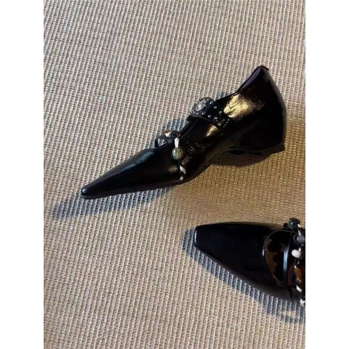 Damen elegante quadratische Mules mit niedrigem Blockabsatz, Zierriemen und Perlenapplikation Shop Nory