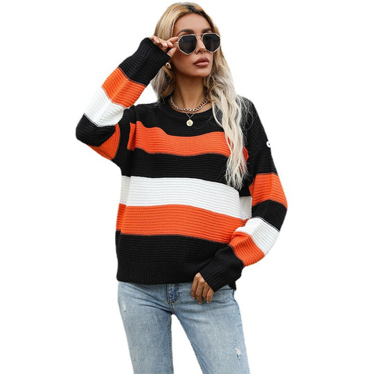 Damen Breitgestreifter Strickpullover im Fisherman‑Look mit gerippter Textur und überschnittener Schulter Shop Nory