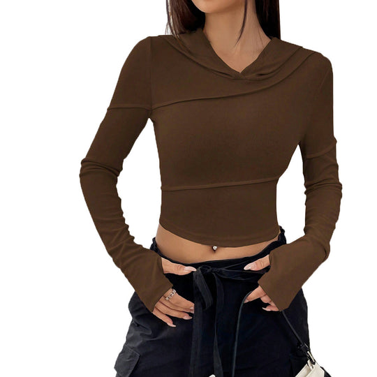 Damen geripptes Cropped-Longsleeve mit Kapuzenkragen, asymmetrischen Nähten und Trompetenärmeln Shop Nory