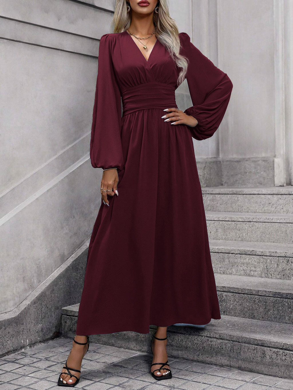 Damen Grecian-Maxikleid Ballonärmel Seitenschlitz