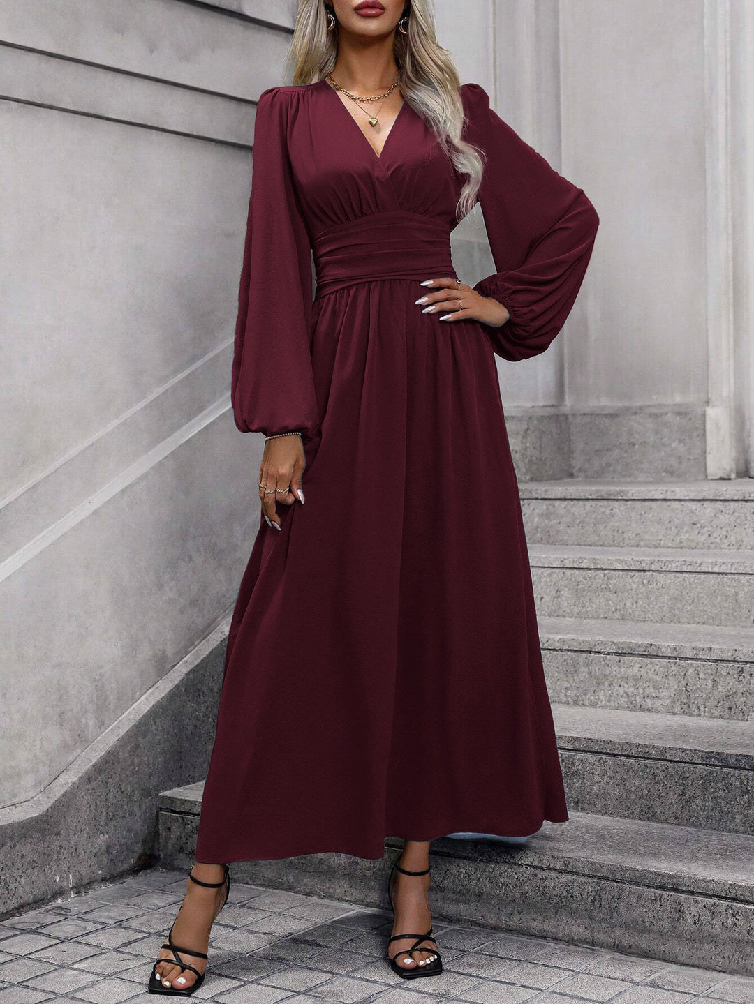 Damen Grecian-Maxikleid Ballonärmel Seitenschlitz