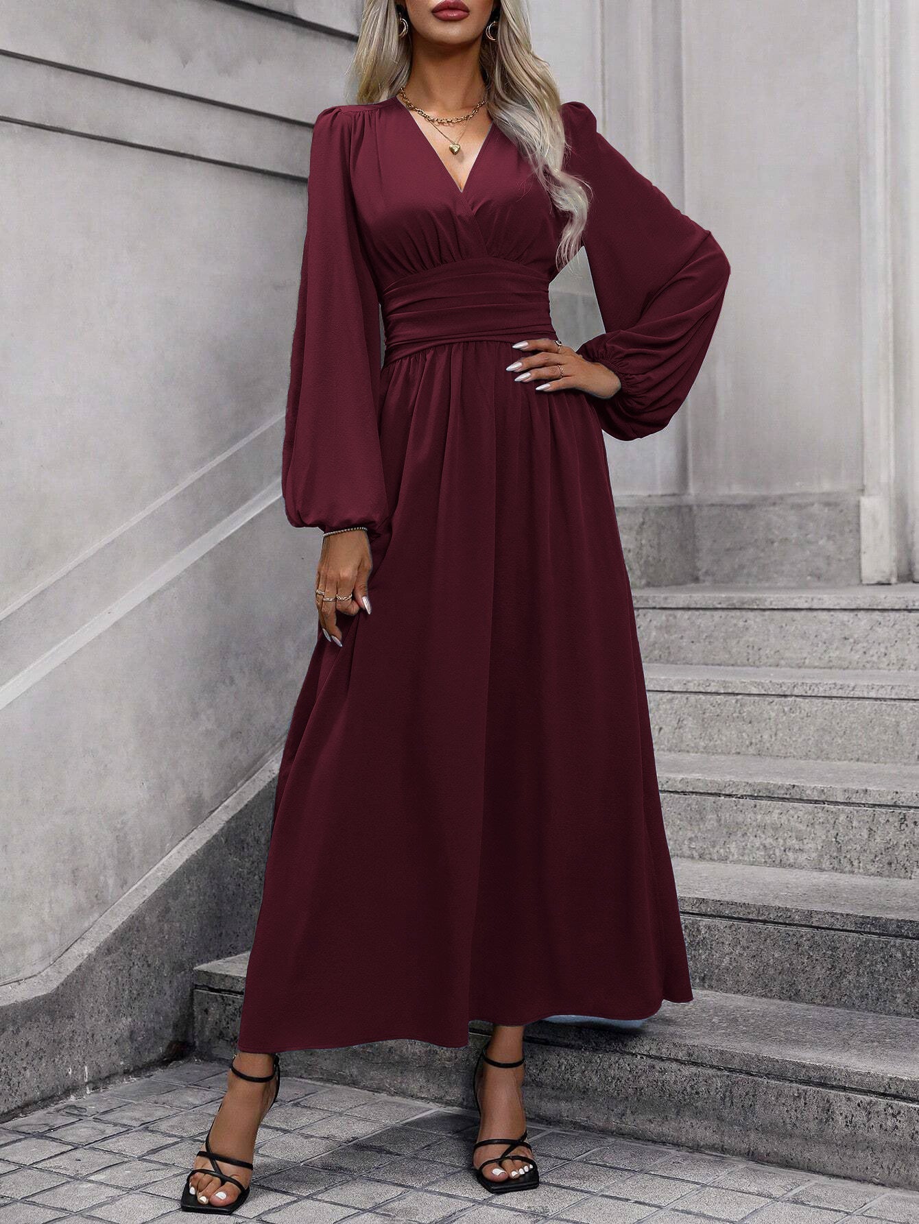 Damen Grecian-Maxikleid Ballonärmel Seitenschlitz