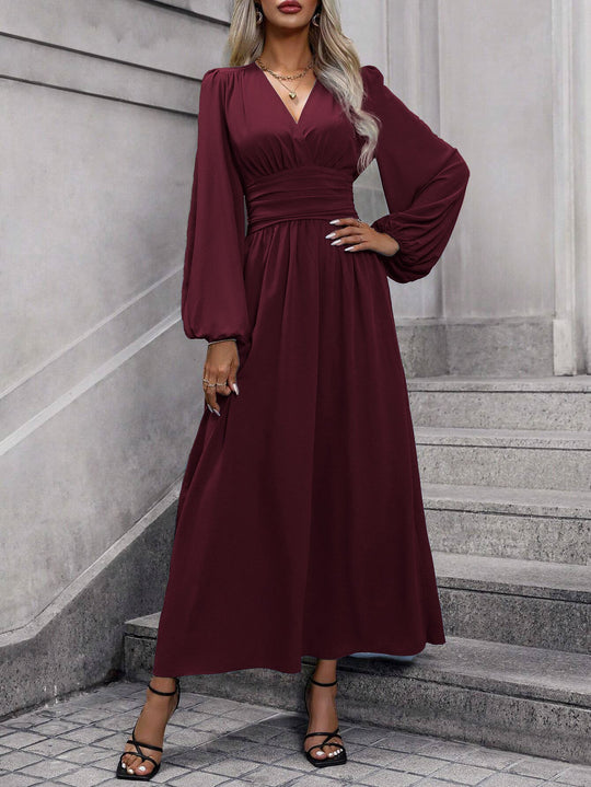 Damen Grecian-Maxikleid Ballonärmel Seitenschlitz