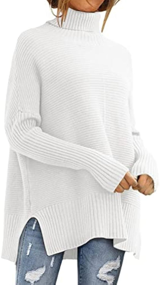 Damen Oversize-Rippenstrick Rollkragenpullover mit Seitenschlitzen und verlängertem Saum Shop Nory