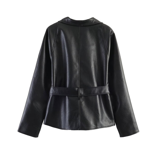 Damen Kurzjacke aus genarbtem Leder mit Schalkragen und Bindegürtel Shop Nory