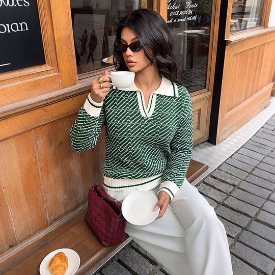 Damen Polokragen-Strickpullover mit V-Ausschnitt und Strukturmuster Shop Nory