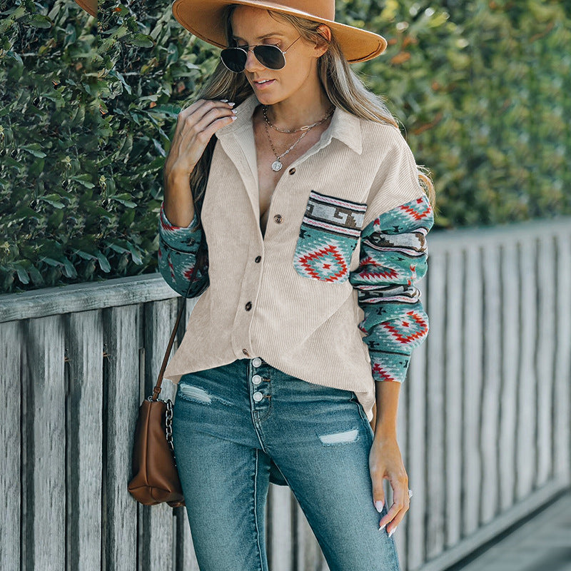 Damen Cord‑Hemdenjacke mit gemusterten Strickärmeln und aufgesetzter Brusttasche Shop Nory