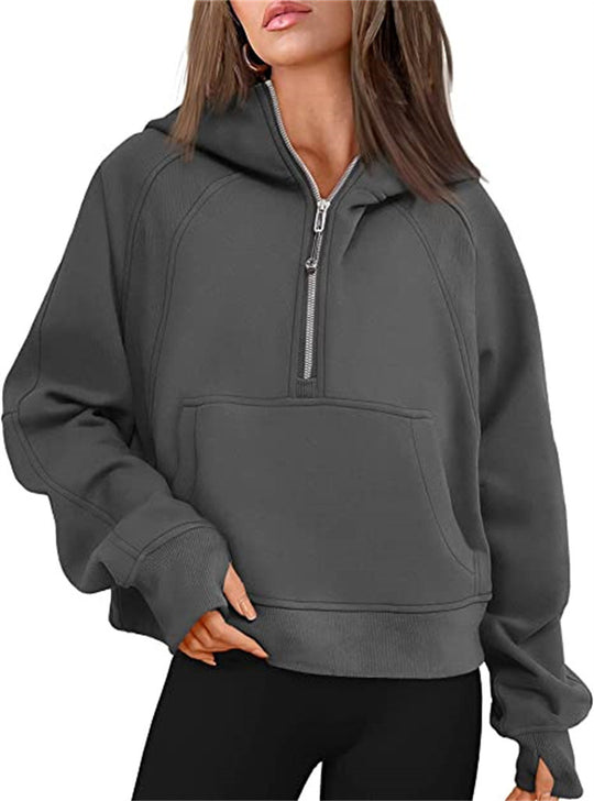 Damen Oversize-Hoodie mit halbem Reißverschluss, Kängurutasche und Daumenlöchern Shop Nory