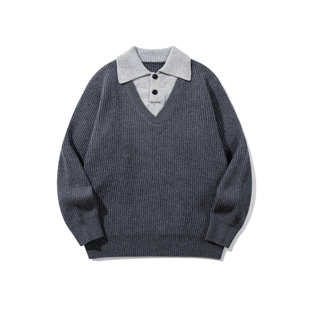 Herren Gerippter Strickpullover mit Polokragen‑Einsatz und tiefem V‑Ausschnitt Shop Nory