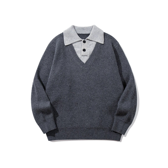Herren Gerippter Strickpullover mit Polokragen‑Einsatz und tiefem V‑Ausschnitt Shop Nory