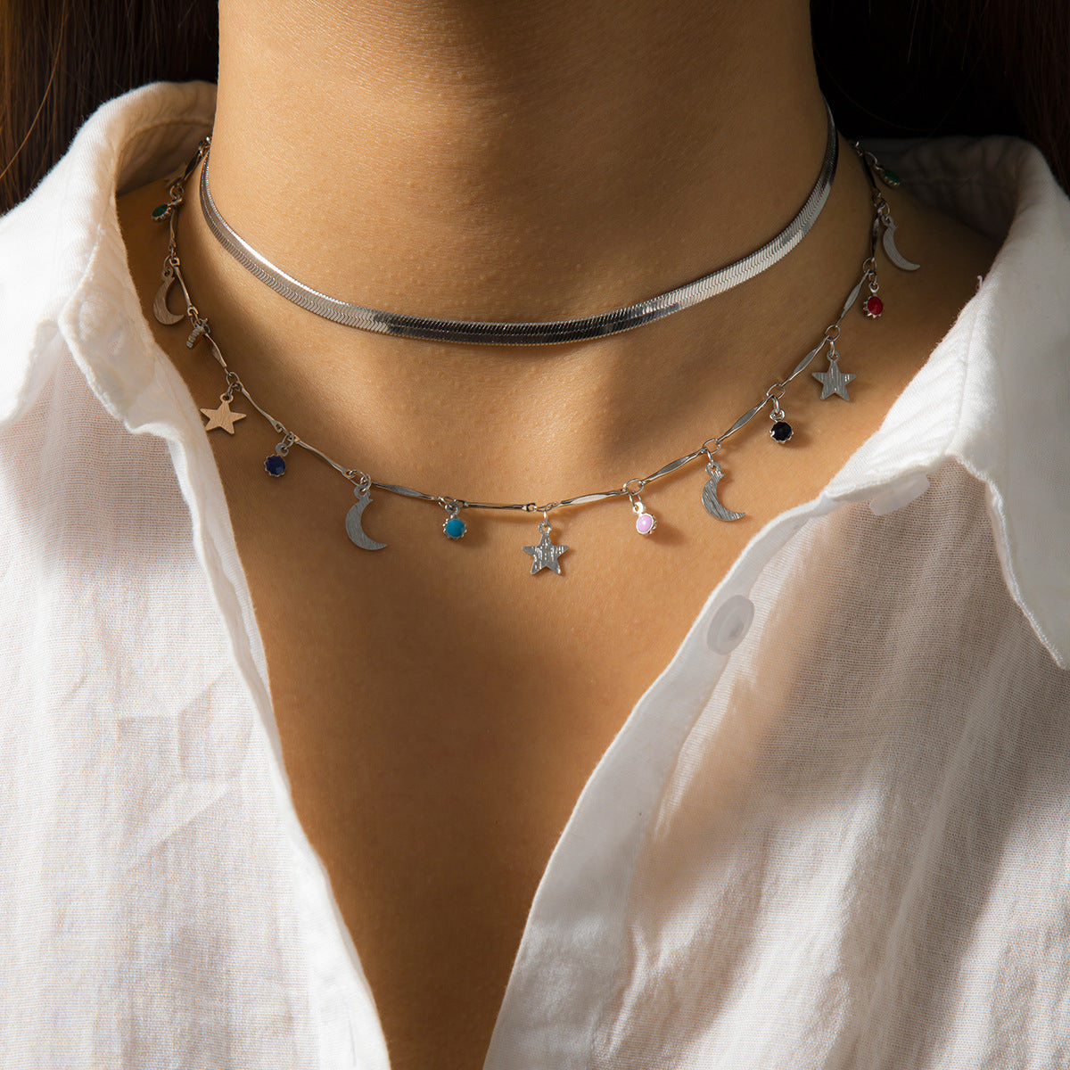 Damen Halskette mit charmanten Stern- und Mondanhängern Shop Nory