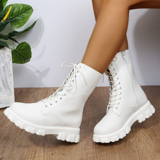 Damen Plateau-Bikerboots mit seitlichem Reißverschluss, Schnürung und markanter Profilsohle Shop Nory