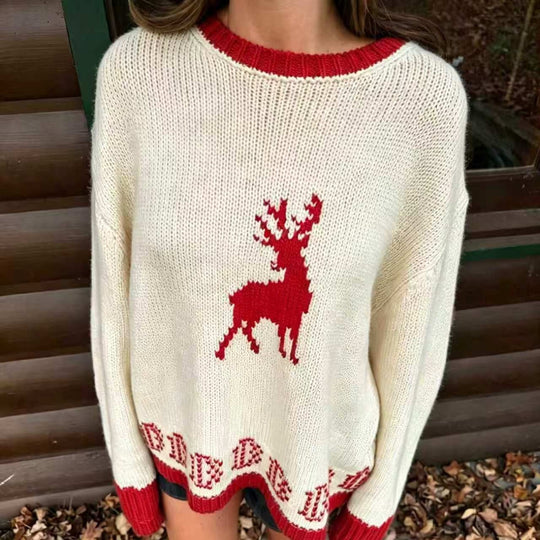Damen Oversize Strickpullover mit Hirschintarsie, Rundhalsausschnitt und Norwegerbündchen Shop Nory