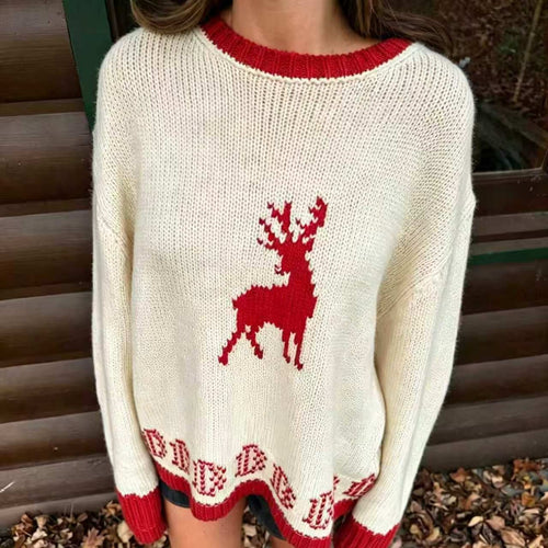 Damen Oversize Strickpullover mit Hirschintarsie, Rundhalsausschnitt und Norwegerbündchen Shop Nory