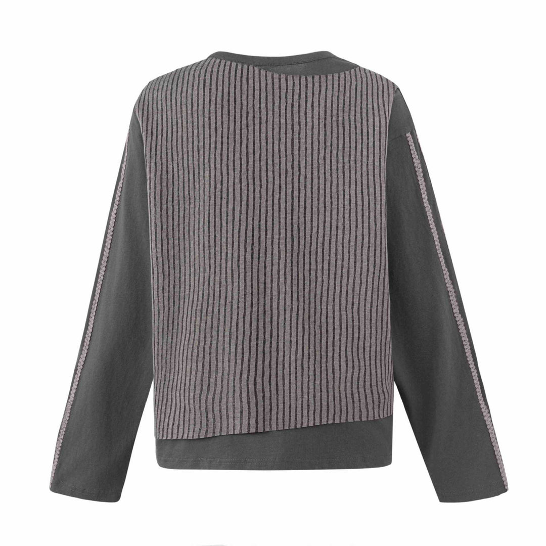 Damen Lässiges Sweatshirt mit gestreiftem Overlay, Ziernähten und Rosenprint Shop Nory