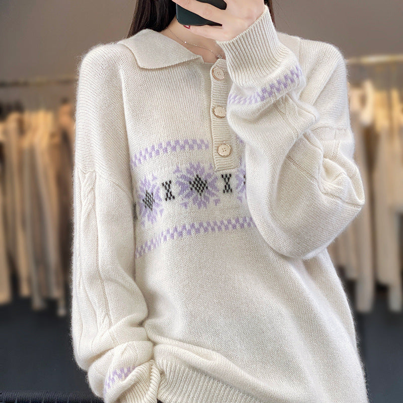 Damen Oversize-Polokragen-Strickpullover mit Norweger‑Motiv und Raglanärmeln Shop Nory