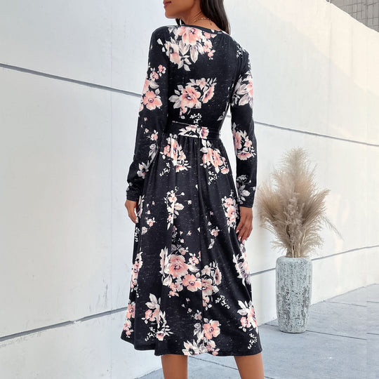 Damen Florales Wickel-Midikleid mit V-Ausschnitt, Taillengürtel und ausgestelltem Rock Shop Nory