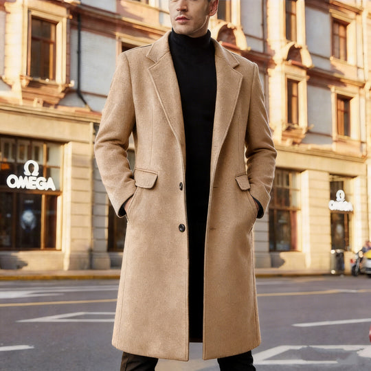 Herren nan langer taillierter Wollmantel mit Reverskragen und Innentaschen Shop Nory