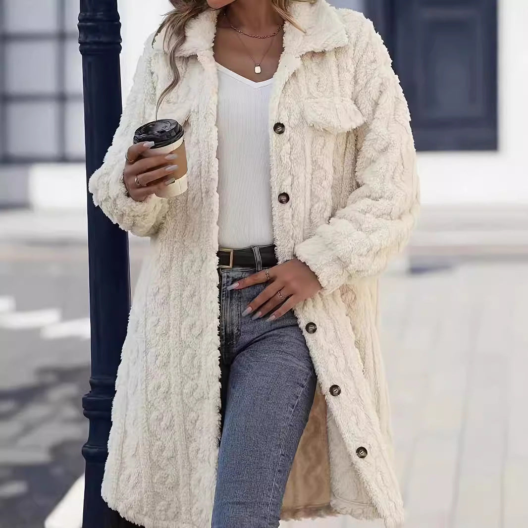 Damen nan langer Teddy-Mantel mit Schalkragen und aufgesetzten Brusttaschen Shop Nory