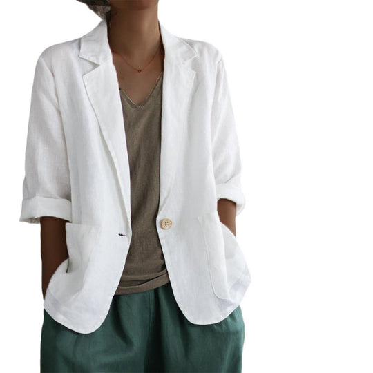 Damen Lässiger Leinenblazer mit breiten Ärmeln und Knopfverschluss