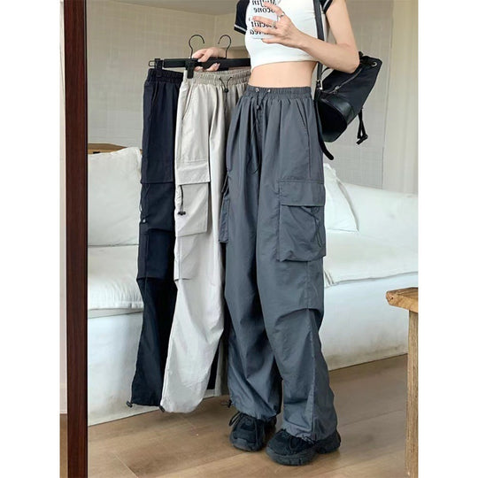 Damen nan Cargo-Hose mit hoher Taille, Elastikbund, großen Klappentaschen und Kordelzug Shop Nory