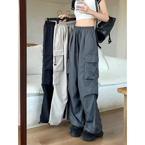 Damen nan Cargo-Hose mit hoher Taille, Elastikbund, großen Klappentaschen und Kordelzug Shop Nory