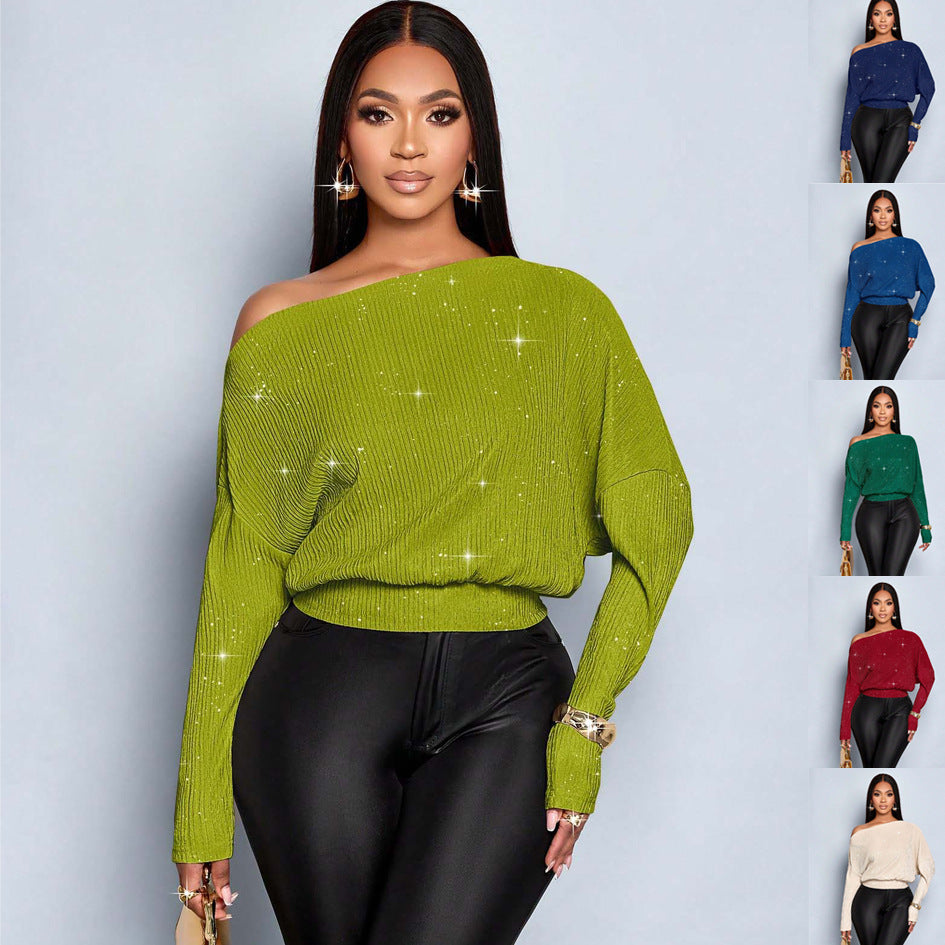 Damen Off-Shoulder Rippstrick-Pullover mit Glitzereffekt und Batwing-Ärmeln Shop Nory