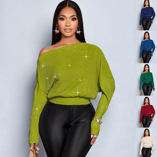 Damen Off-Shoulder Rippstrick-Pullover mit Glitzereffekt und Batwing-Ärmeln Shop Nory