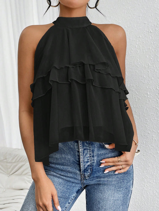Damen Luftiges Chiffon-Top mit Stehkragen und mehrlagigen Volants Shop Nory