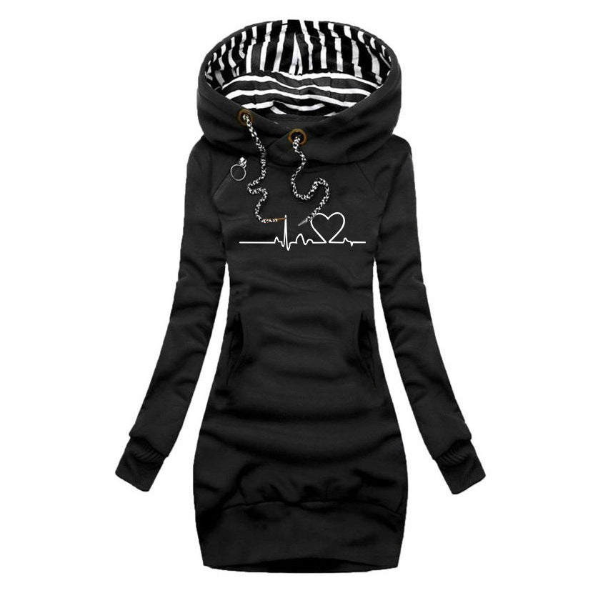 Damen Kapuzen-Sweatkleid mit gestreiftem Kapuzenfutter, Kängurutasche und Herz-EKG-Druck Shop Nory