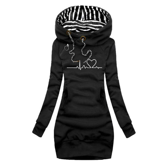Damen Kapuzen-Sweatkleid mit gestreiftem Kapuzenfutter, Kängurutasche und Herz-EKG-Druck Shop Nory