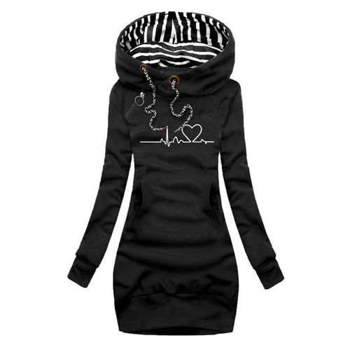 Damen Kapuzen-Sweatkleid mit gestreiftem Kapuzenfutter, Kängurutasche und Herz-EKG-Druck Shop Nory