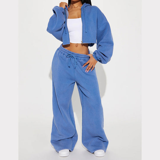Damen gekürztes Reißverschluss-Kapuzenoberteil und hochtaillierte weite Fleece-Jogginghose Set Shop Nory