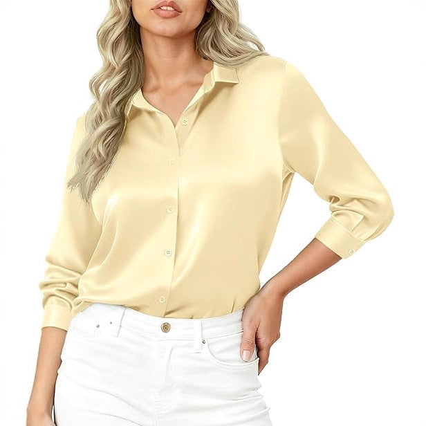 Damen Seidiges Satin-Blusenshirt mit Hemdkragen und dreiviertel Ärmeln Shop Nory