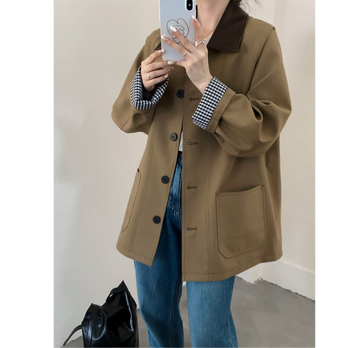 Damen Oversize Kurzjacke im Trenchstil mit Lederoptik-Kragen und karierten Umschlagmanschetten Shop Nory