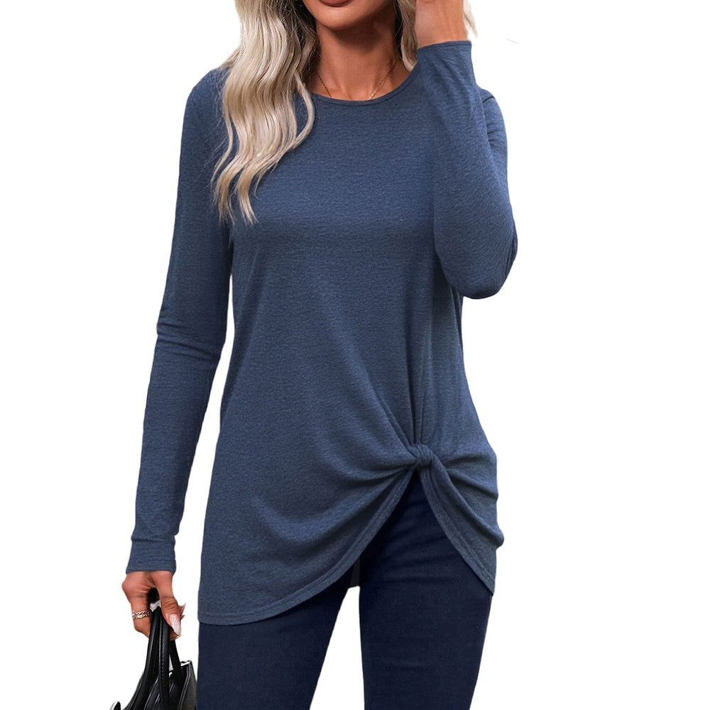Damen langes Knotenshirt mit Rundhalsausschnitt Twist-Knoten vorne und Longline-Schnitt Shop Nory