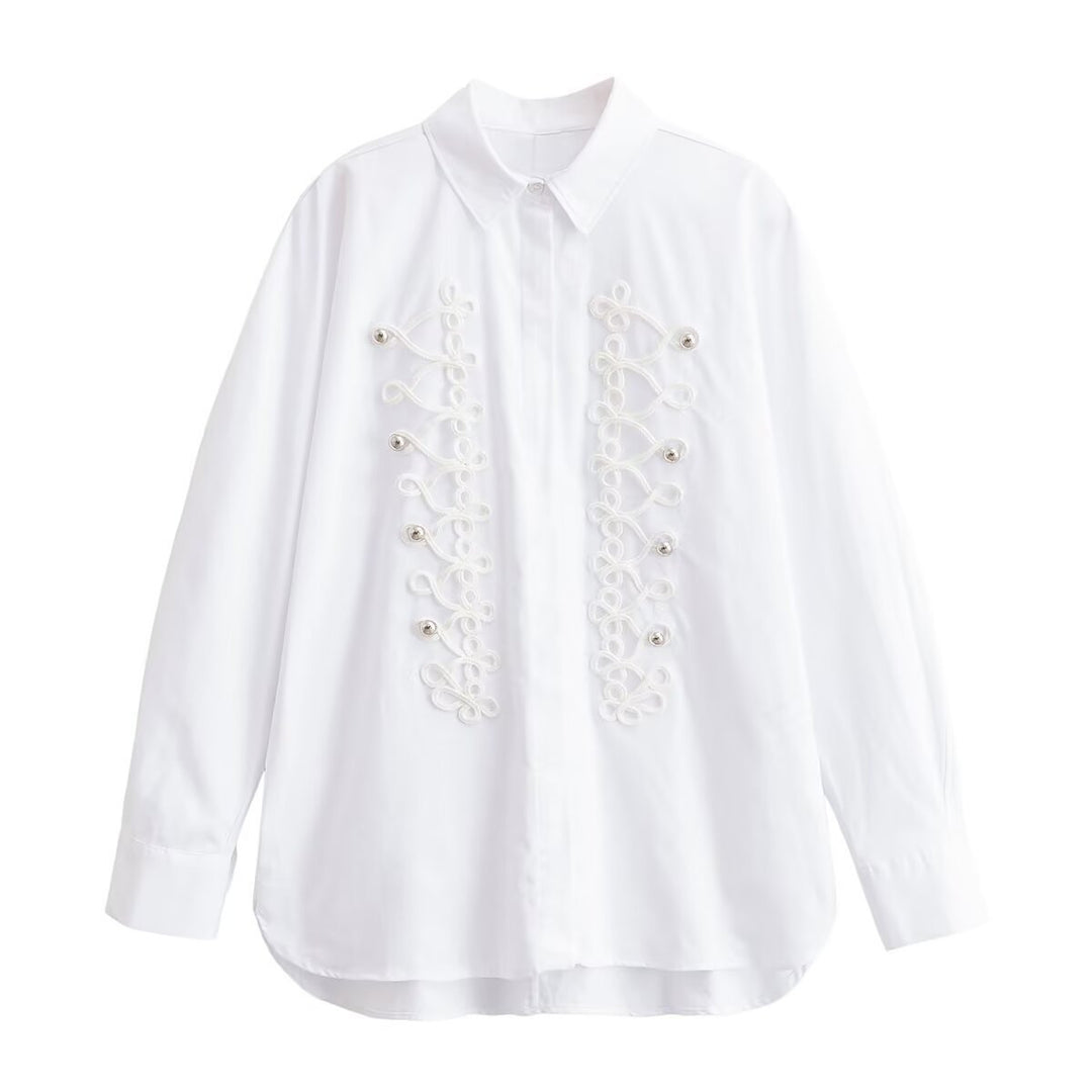 Damen Oversized-Bluse mit dekorativen Froschverschlüssen und Hemdkragen Shop Nory