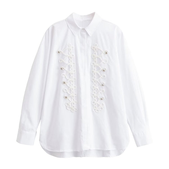 Damen Oversized-Bluse mit dekorativen Froschverschlüssen und Hemdkragen Shop Nory