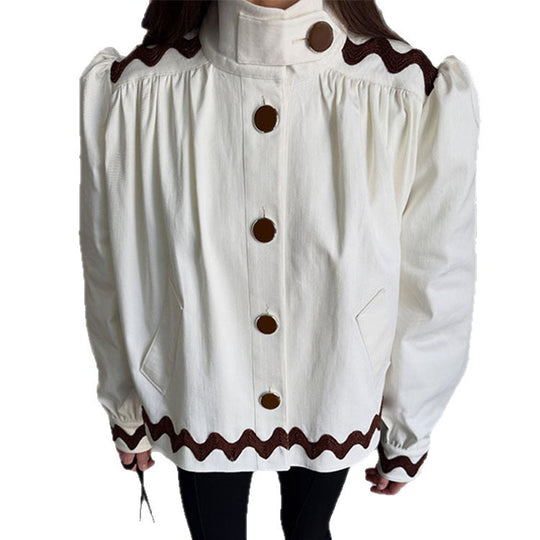 Damen Kurzjacke mit Stehkragen, Zierwellenkante und dekorativer Knopfleiste Shop Nory