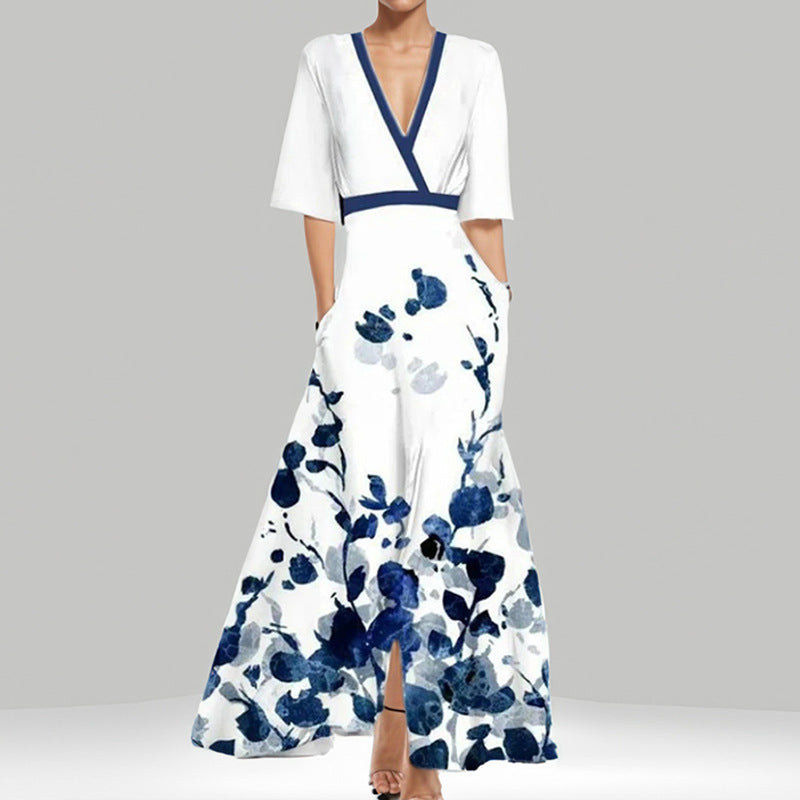 Damen Maxikleid mit Wickeloberteil, Taillengürtel und fließendem Satinrock Shop Nory