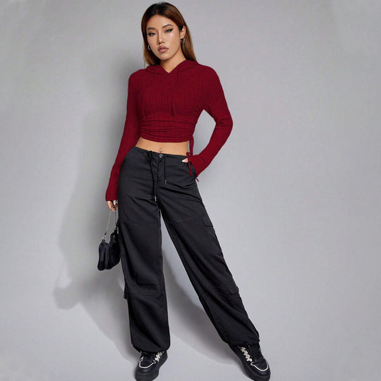 Damen geripptes Crop-Hoodie mit Tunnelzugseitennähten, figurbetonter Silhouette und langen Ärmeln Shop Nory
