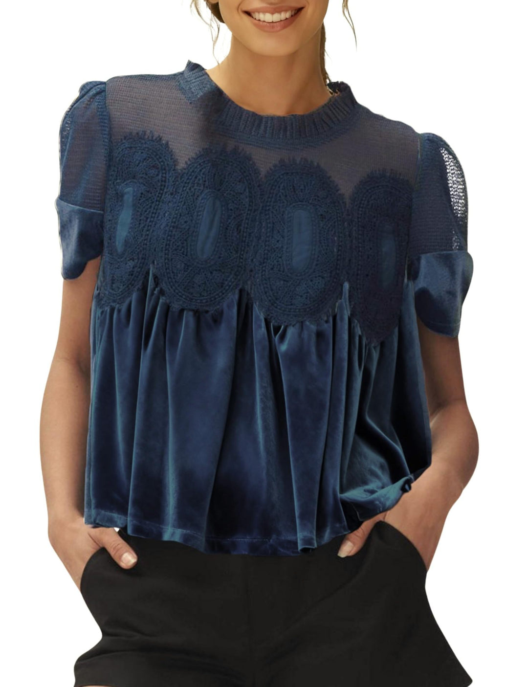 Damen Samtbluse mit Spitzenbesatz, transparentem Einsatz und geraffter A-Linie Shop Nory