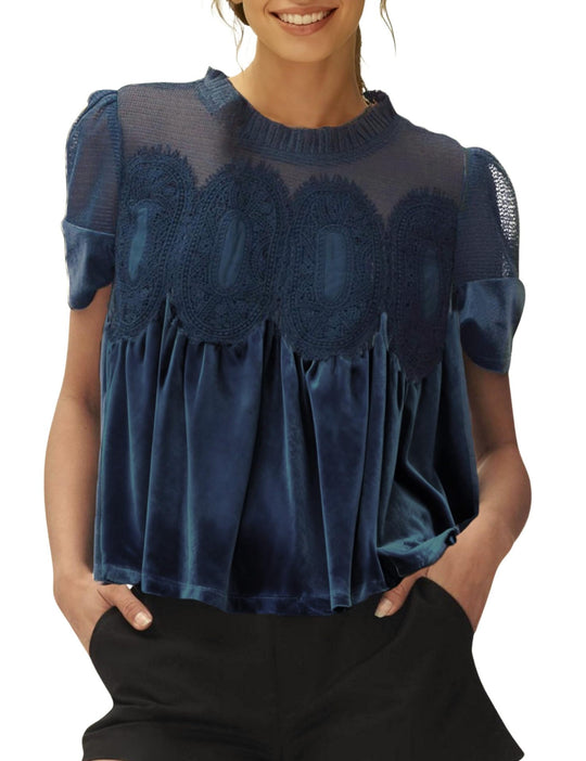 Damen Samtbluse mit Spitzenbesatz, transparentem Einsatz und geraffter A-Linie Shop Nory