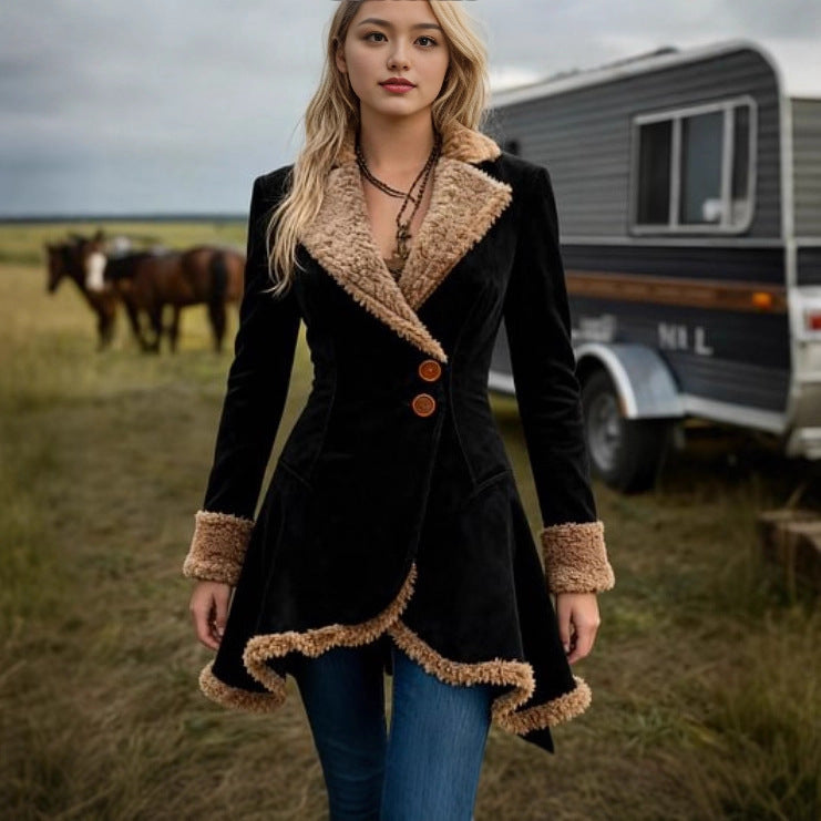 Damen Taillierter Wildleder‑Imitat‑Mantel mit Teddyfutter und ausgestelltem Saum Shop Nory