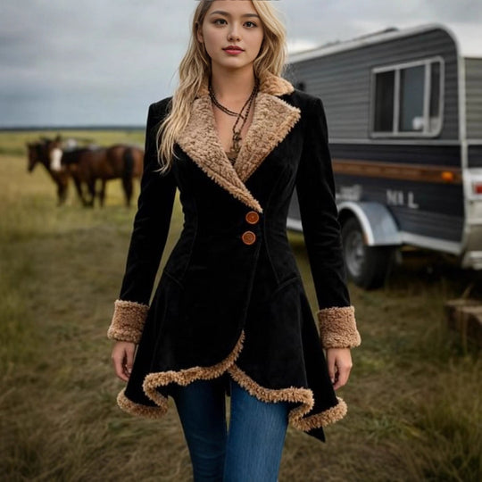 Damen Taillierter Wildleder‑Imitat‑Mantel mit Teddyfutter und ausgestelltem Saum Shop Nory