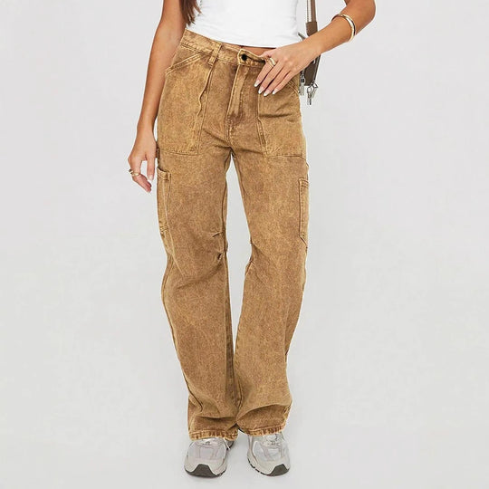 Damen lockere Utility-Cargo-Jeans mit geradem Bein und aufgesetzten Taschen Shop Nory